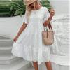 Fashionable Solid Color Cotton Embroidered Lace Hollow Dress