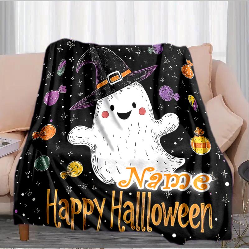 1PC Custom Name Ghostly Halloween Fun outdooor Flannel blankets Throw Blanket All-Season Throw Gift Bedspread for Couch, Bed, Camping Holiday Birthday