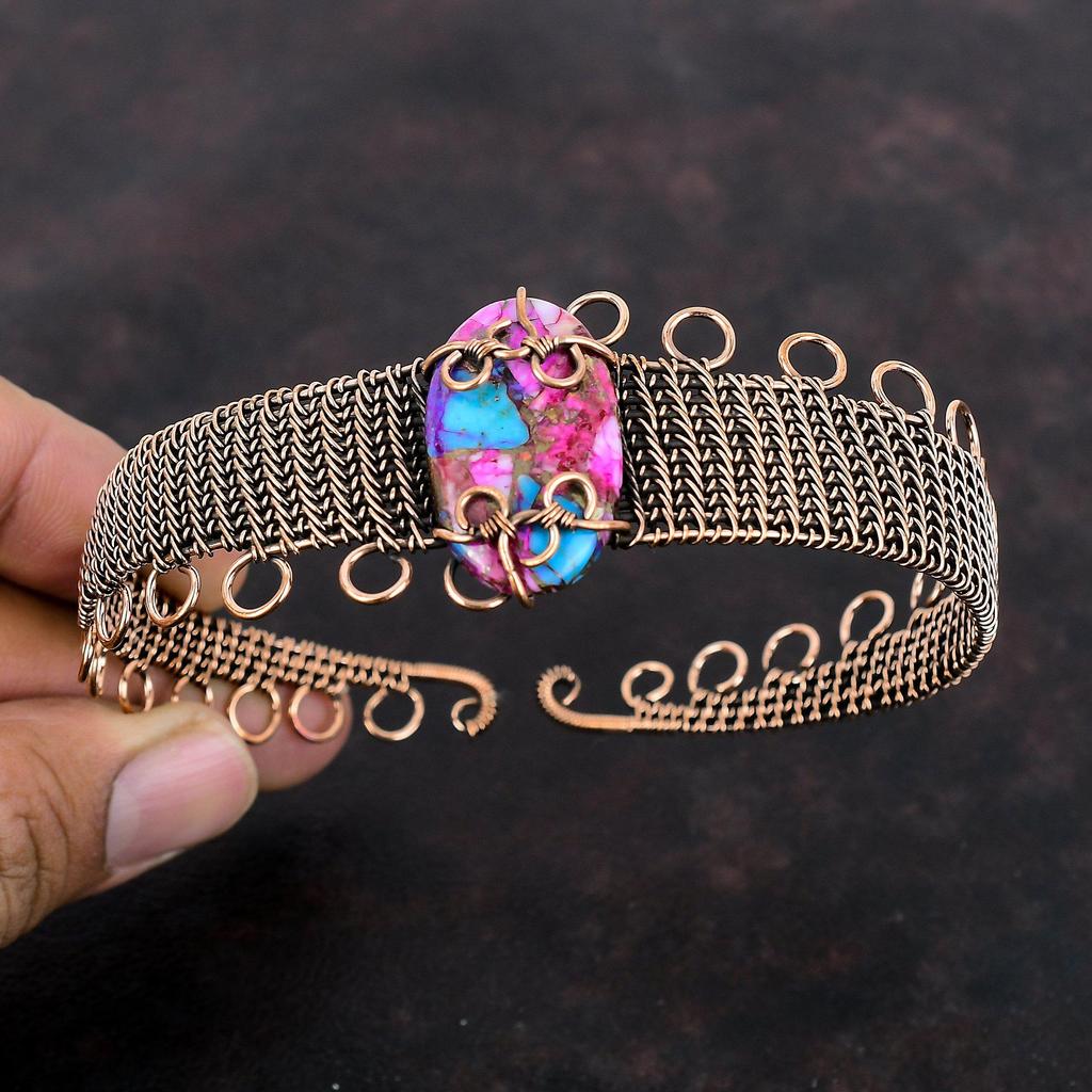 Kingman Розовый Георгин Бирюзовый Браслет Медная Проволока Обернутый Драгоценный Камень Браслет-Манжета Регулируемый Браслет Ручной Работы Медная Проволока Ювелирные Изделия Свадебный Подарок