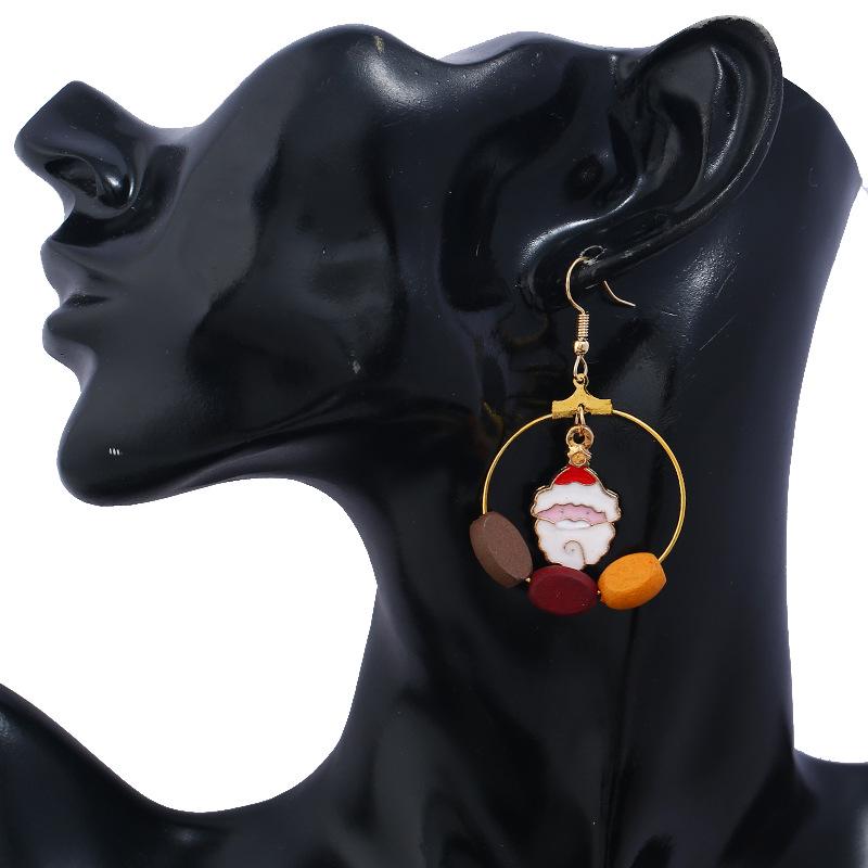 Women Cartoon Christmas Wooden Beads Santa Earrings