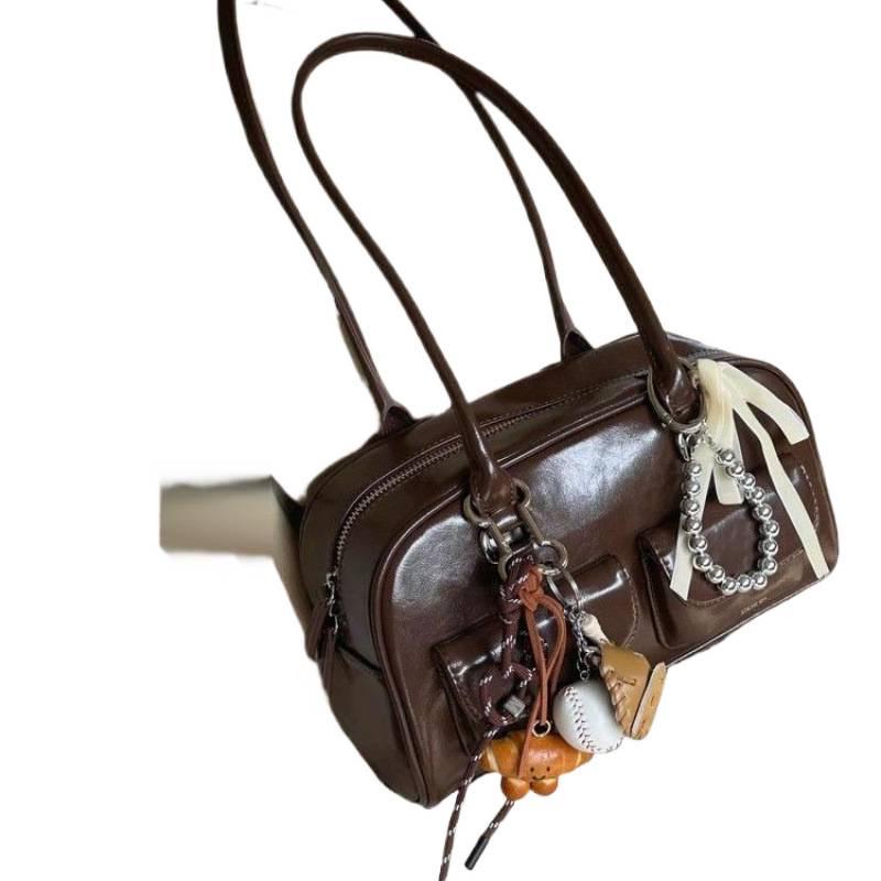 Коричневая ретро корейская женская сумка для боулинга - Большая вместимость, сумка через плечо для осени и зимы