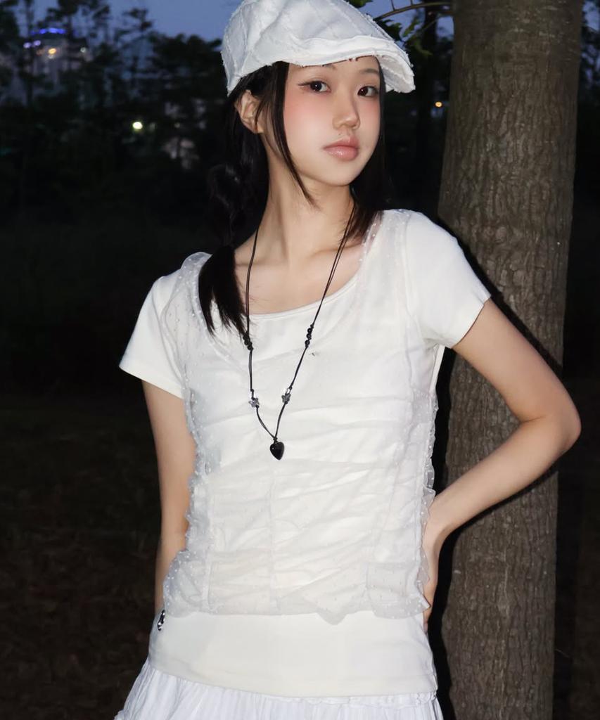 LMR Two-Way Lace Shirred Layered Short Sleeve T-Shirt Cream / Cream