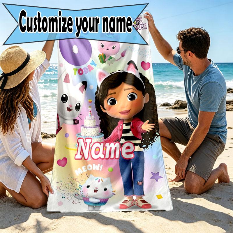 Custom Name Personalized Gabby's Dollhouse Print Beach Towel, for Trip Camping Beach Party Home Decor, Birthday Gift for Family & Friends