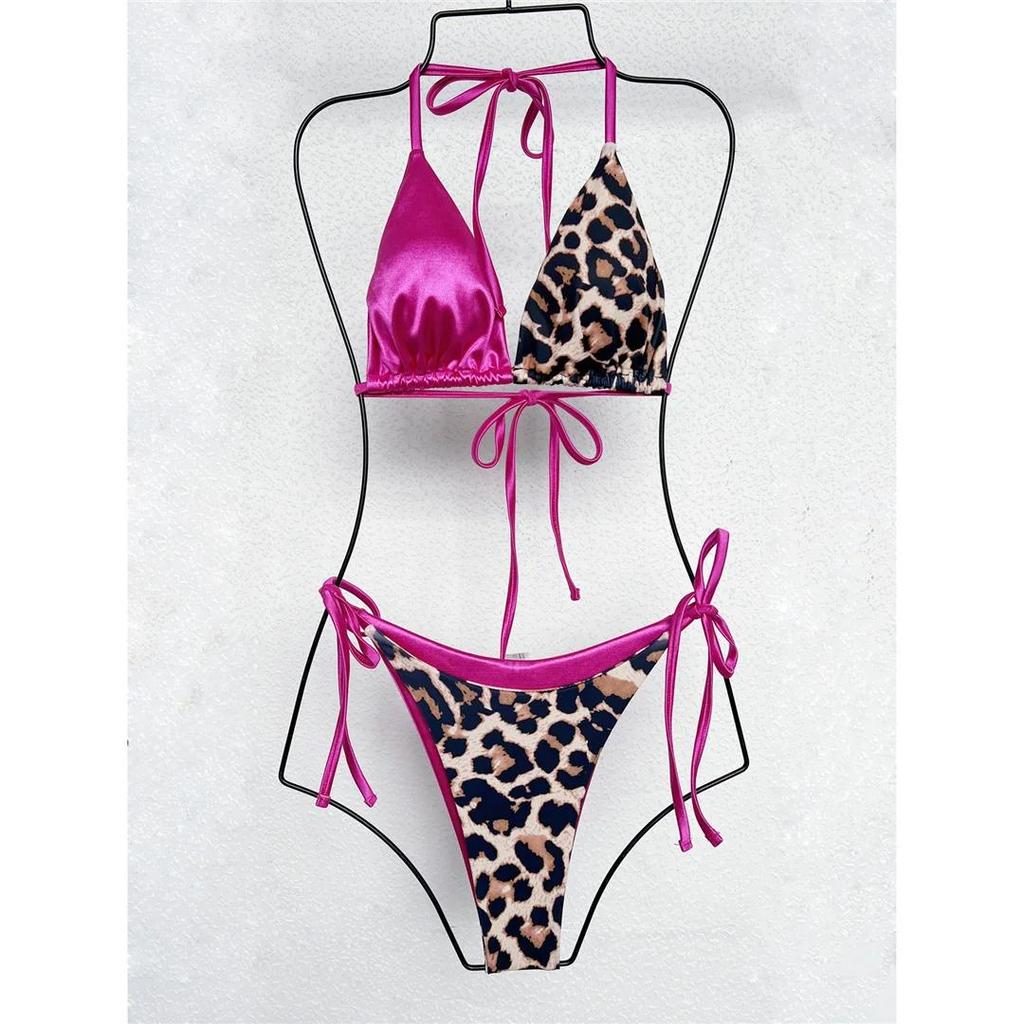 Леопардовый купальник бикини халтер из сатина с вставками, женский купальник, женский купальный костюм, комплект бикини из двух частей, купальник для купания