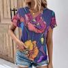 Summer Women's T-Shirts Oversize V-Neck Short Sleeve Tshirt Flowers Printing Casual Tops Classy Party Clothing Streetwear 2024