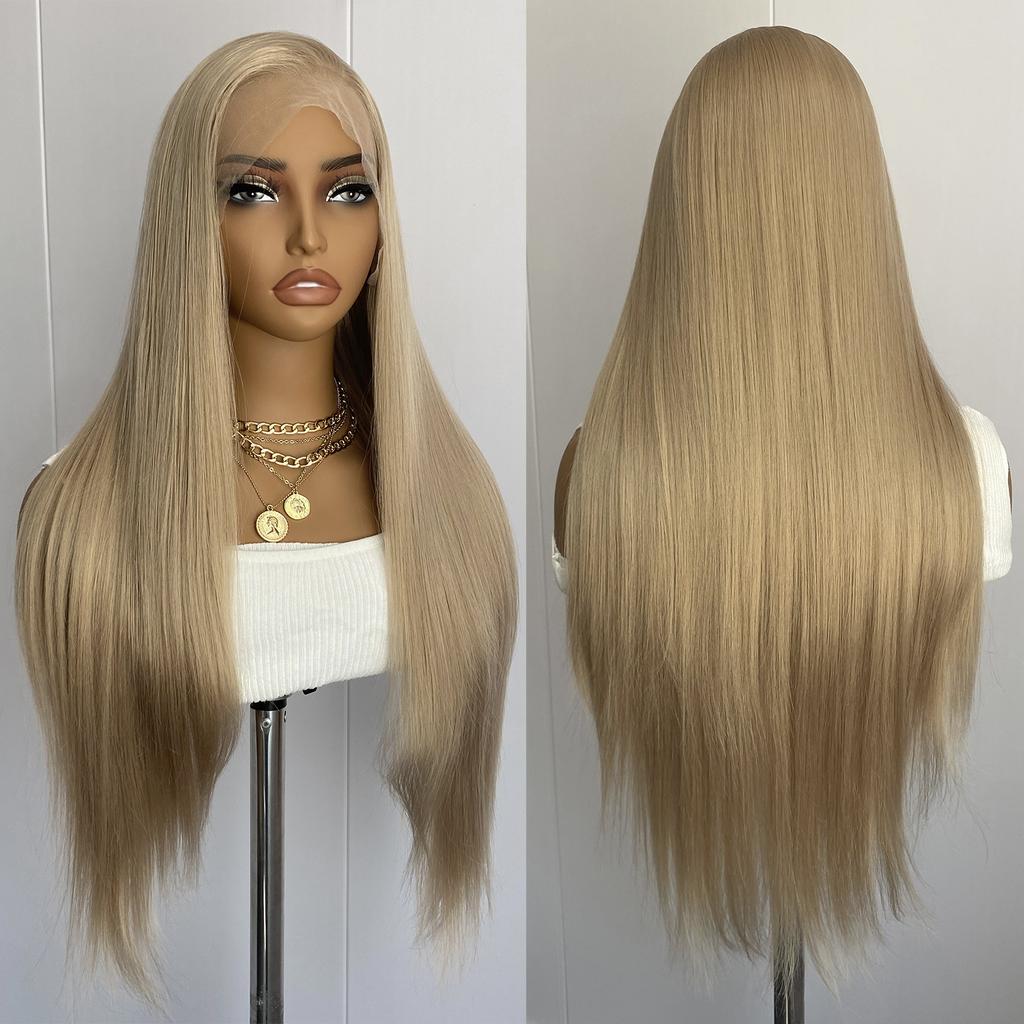 AIMEYA Blonde Long Silky Straight Wig Synthetic Hair Pink Lace Front Wigs 13x4 Heat Resistant Natural Hairline Daily Use Cosplay