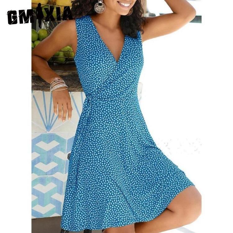 Женское летнее платье без рукавов с V-образным вырезом, в богемном стиле, с принтом в горошек, пляжное, повседневное