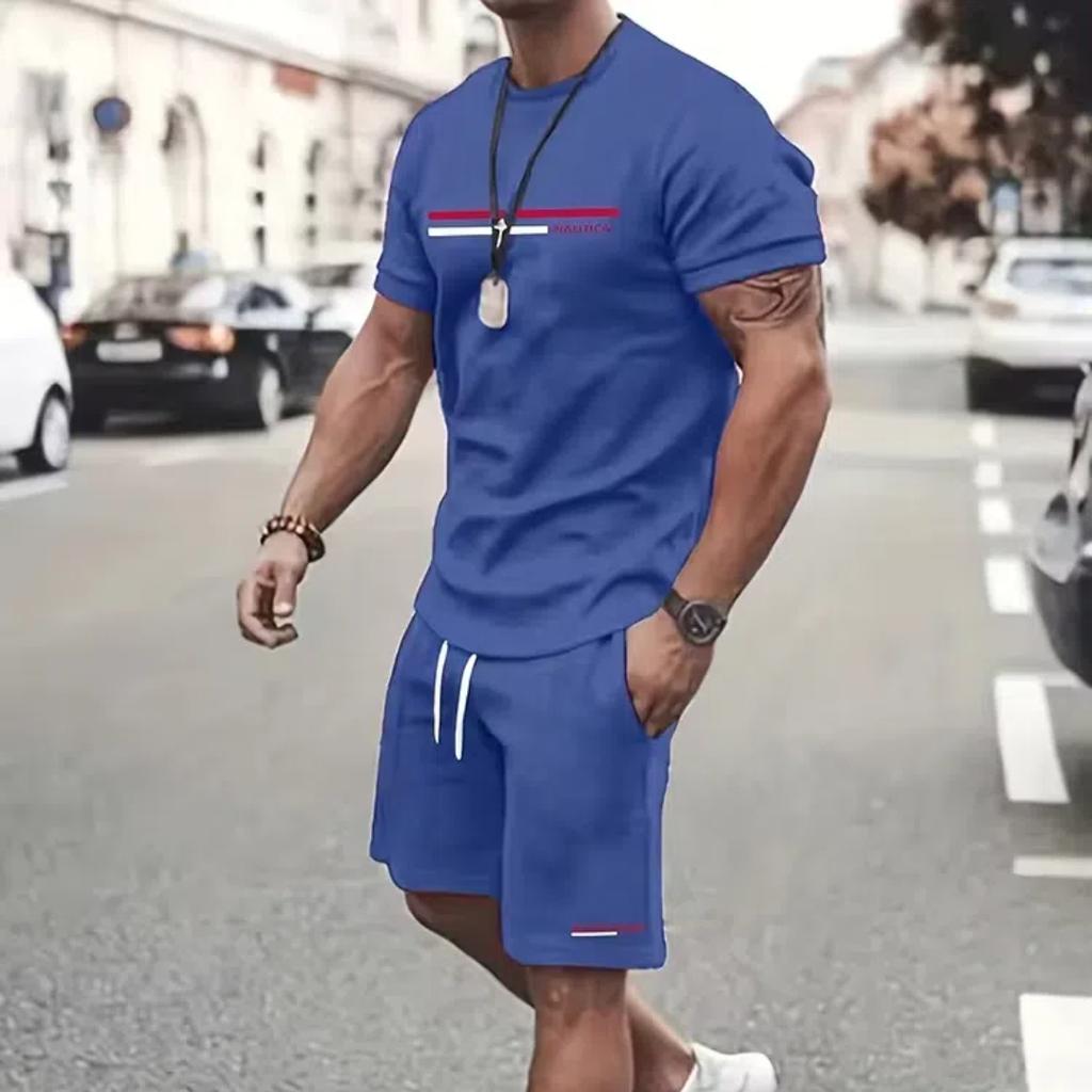 Летний уличный мужской костюм с короткими рукавами, повседневный, повседневный, модный, с короткими рукавами, для активного отдыха, спортивные шорты, новаторский полосатый принт
