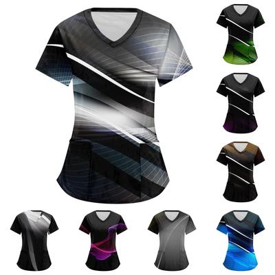 Женские топы в полоску с геометрическим принтом и короткими рукавами с v-образным вырезом, рабочая блузка с карманами