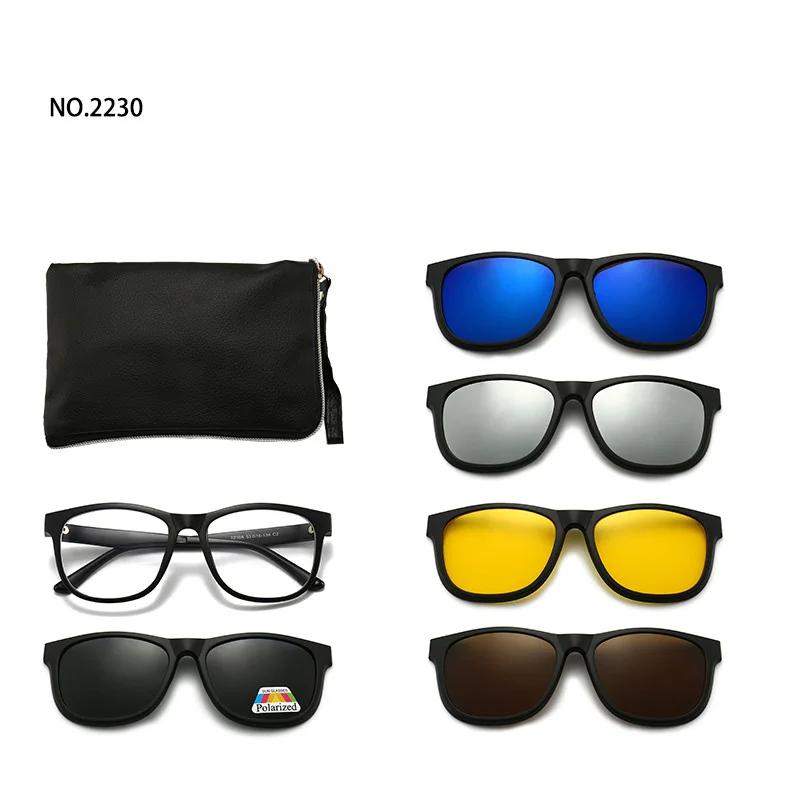 6 In 1 Spectacle Frame Men Women With 5 Pcs Clip On Polarized Sunglasses Magnetic Glasses Male Computer Optical 2201