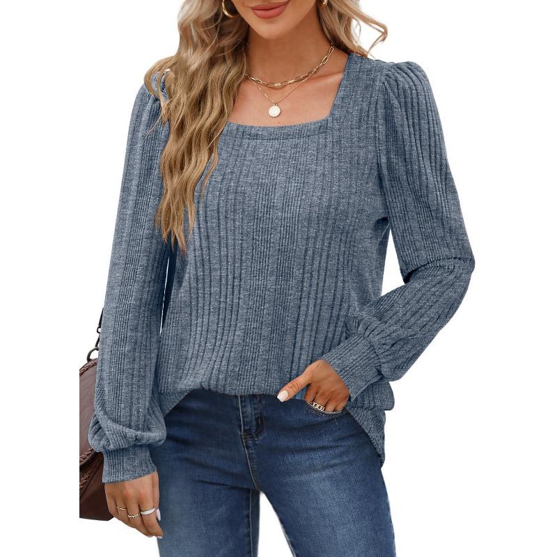Autumn Women's Blouse Pit Stripes Square Neck Fashion Casual Long Sleeve Tops
