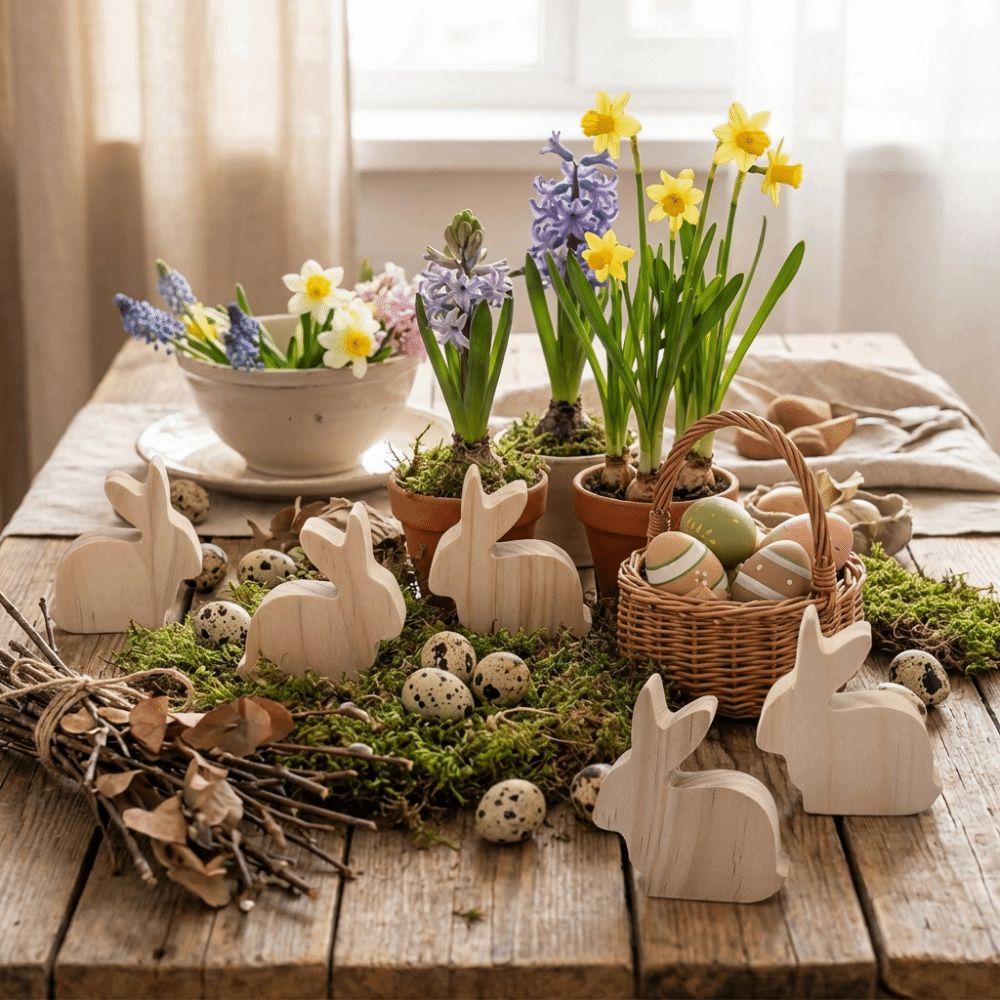 6Pcs Standing Easter Rabbit Ornaments Realistic Handmade Wooden Bunny Decorative Unfinished Handicraft Bunny Figurine