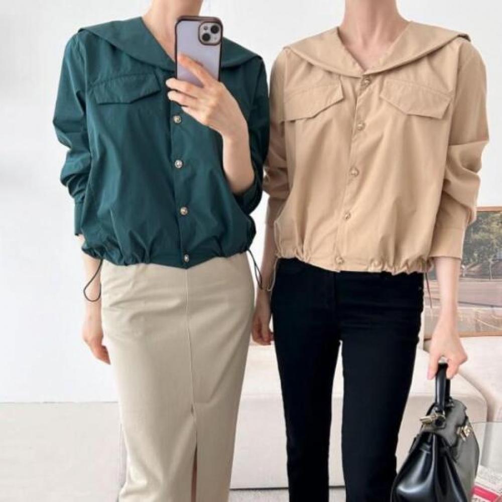 New Arrivals Open Run Big Collar Shirred Blouse Dark Green Field Shirt