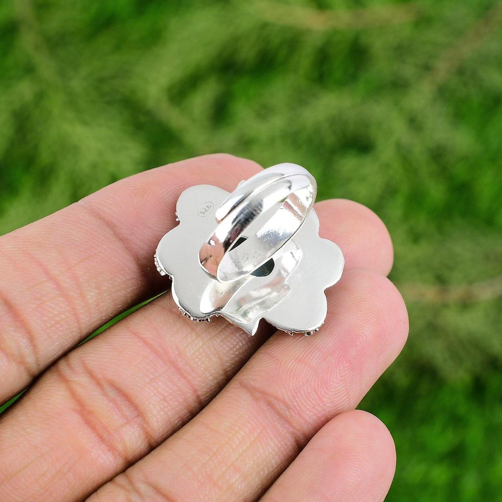 Подарок для нее Натуральный ларимар Штабелируемое кольцо-цветок Регулируемое кольцо из серебра 925 пробы