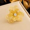 DIEYURO 316L Stainless Steel Golden Hollow Striped Flower Inlay Pearl Zircon Opening Ring Lady New Fashion Concise Ring Jewelry