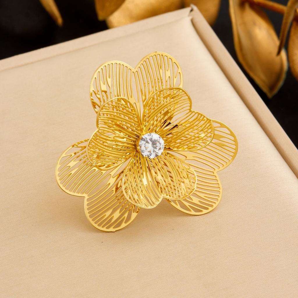 DIEYURO 316L Stainless Steel Golden Hollow Striped Flower Inlay Pearl Zircon Opening Ring Lady New Fashion Concise Ring Jewelry