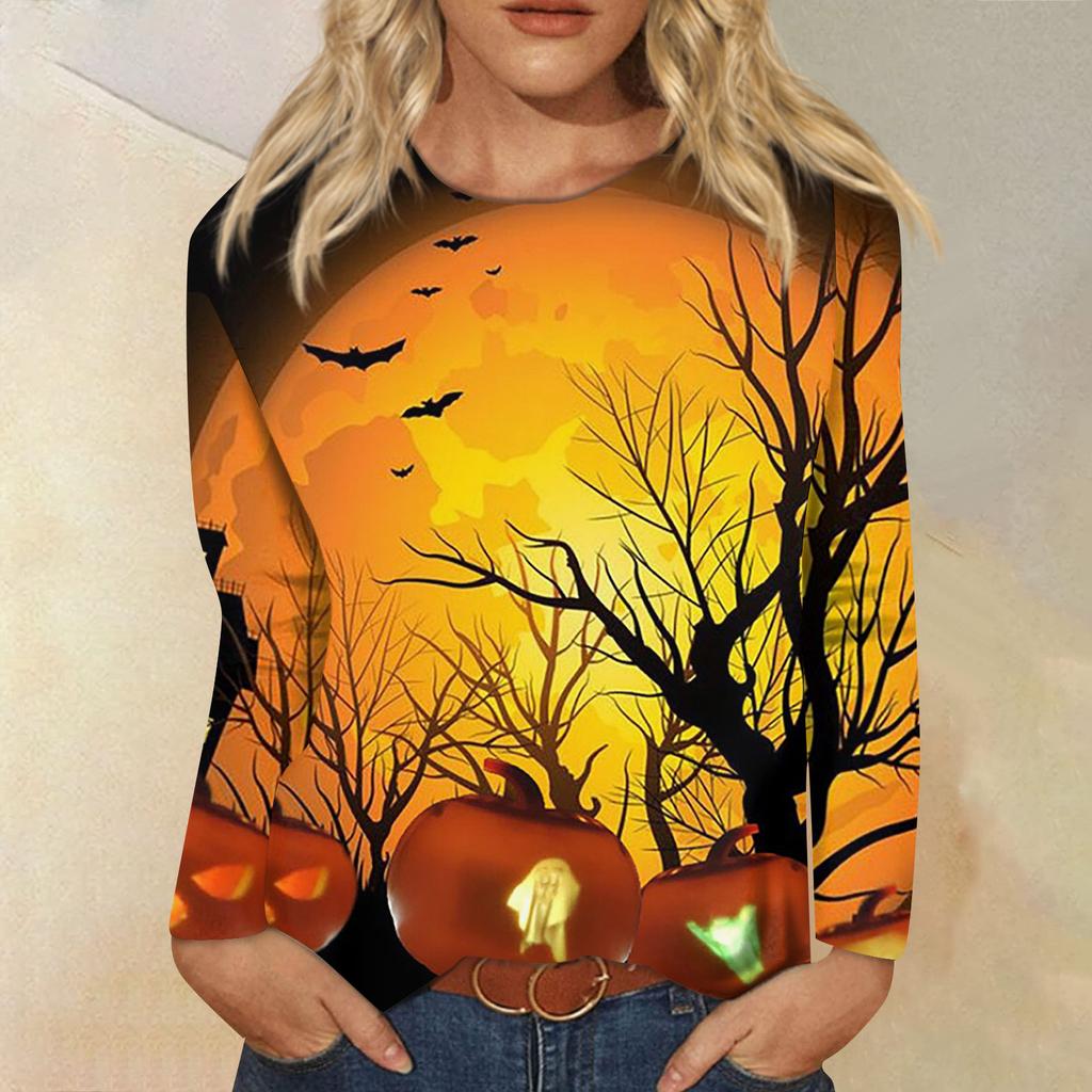 Women's Fashion Casual Long Sleeve Striped Halloween Printed Round Neck Top