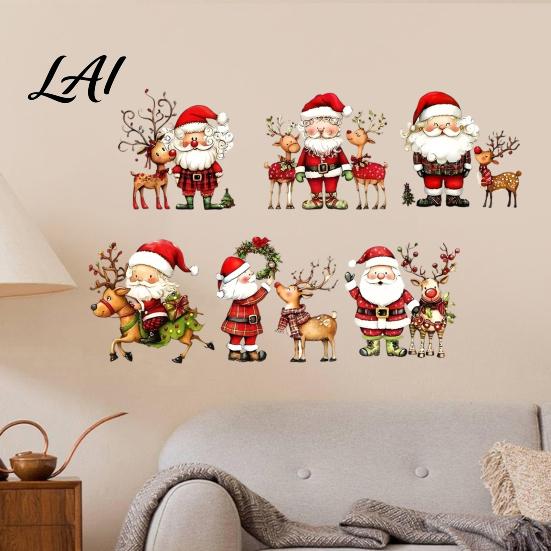 Indoor Christmas Scene Wall Stickers Watercolor Santa Claus Reindeer Decals Self-Adhesive Living Room Decor Stickers for Bedroom Entryway
