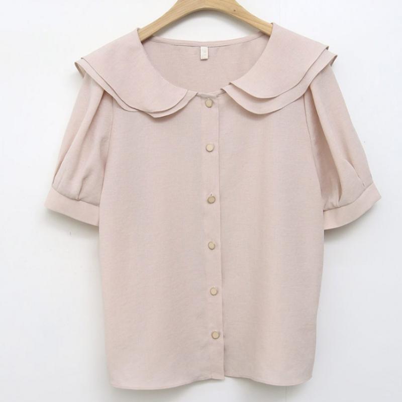 Shop Women Peter Pan Collar Puff Sleeve Straight Fit Blouse Pink Rei Wbl 4576