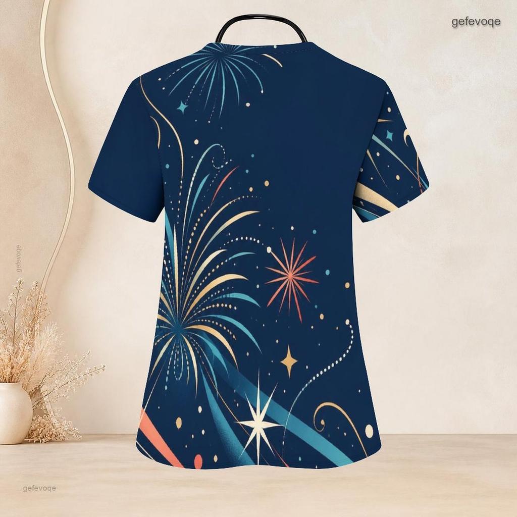 Women Plus Size Nurse Scrub Top V Neck Short Sleeve Navy Blue Fireworks Print With Front Pockets