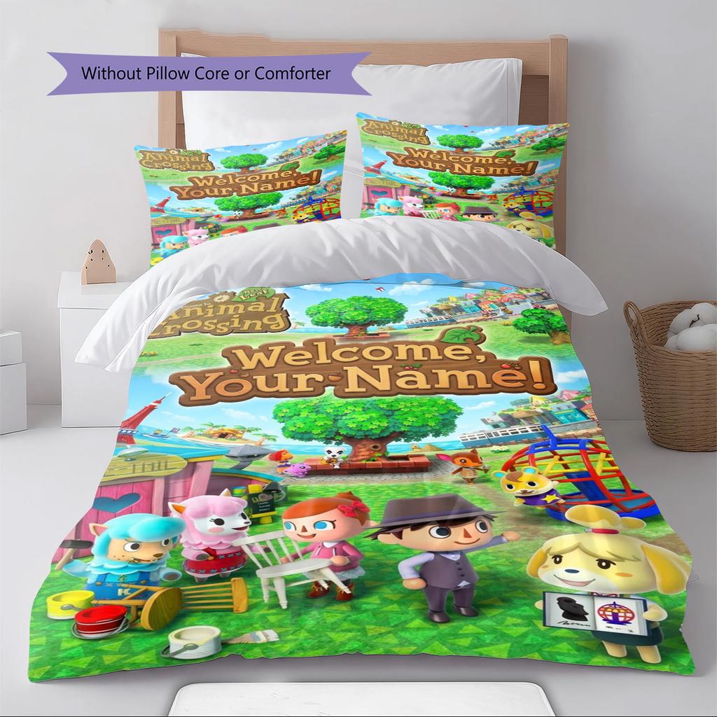 Name Custom Animal Crossing Pattern Bedding Set Quilt Cover Pillowcase Home Decor Gift (1 * duvet cover + 2 * pillowcase, without core)