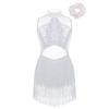 Girls Rhinestone Decorated Collar Leotard Sequins Mesh Patchwork Tassel Hem with Hair Tie