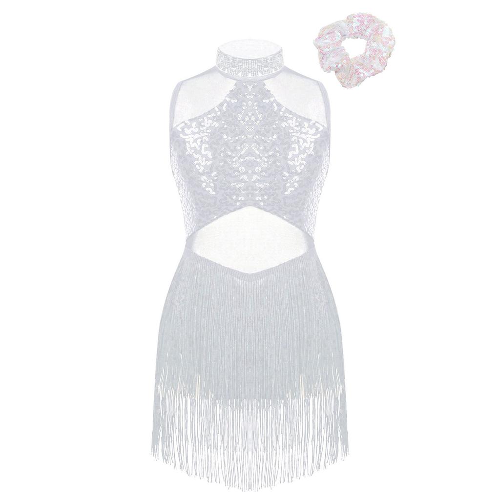 Girls Rhinestone Decorated Collar Leotard Sequins Mesh Patchwork Tassel Hem with Hair Tie