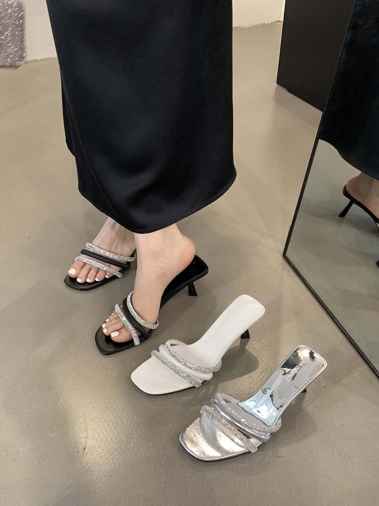 Fashion Open Toe Women Slides Slippers Summer Outside Thin High Heels Patent Leather Crystal Dress Shoes Stiletto Pumps Silver White 39