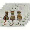 4pc S Linen Placemats Featuring A Cat Design With Leaves, Suitable For Dining Tables. These Heat-Resistant And Washable Mats Are