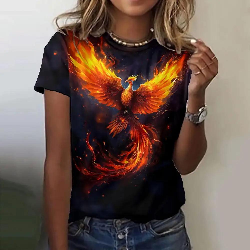 Летняя женская футболка с модным узором «Феникс», топ с короткими рукавами, свободный топ с круглым вырезом, женская футболка для вечеринок