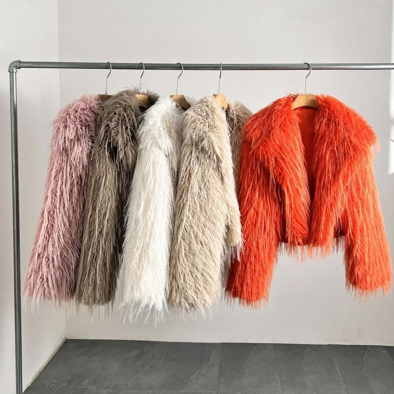 Womens Short Faux Fur Coat With Scarf Collar Warm Winter Outerwear In Orange Pink Beige White