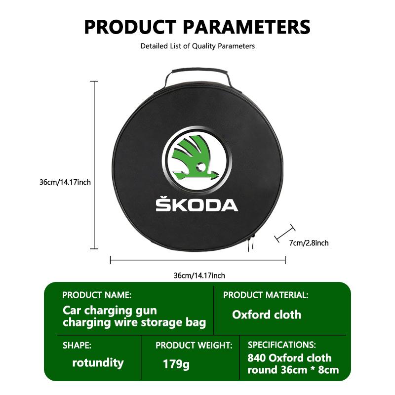 AAFO1 For Skoda Oxford Cloth Car Charge Cable Case Organiser Waterproof Charging Gun Storage Bag Kamiq Karoq Octavia 2 3 Rapid Scala