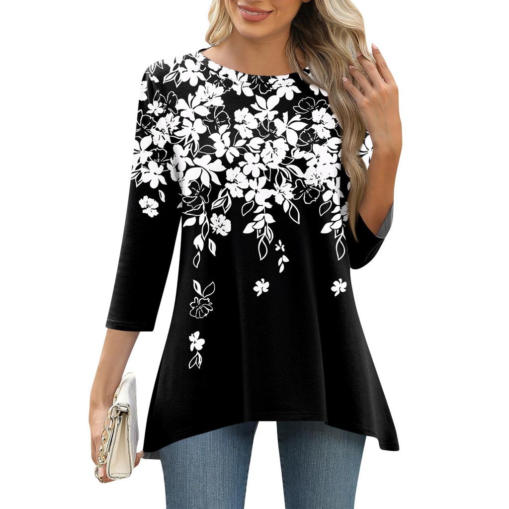 3/4 Sleeve Tunic Tops For Women Printed Daily Weekend Loose Fit Fashion Basic Round Neck T Shirt
