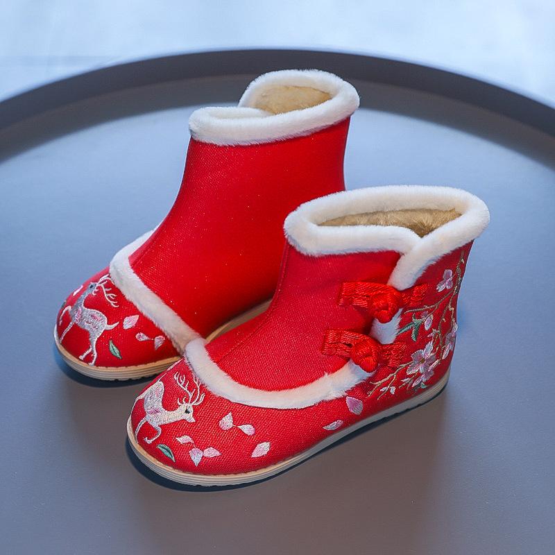Детские хлопковые сапоги для девочек с вышитым кроликом 2024 года, детские зимние сапоги из теплого толстого плюша с мехом в китайском стиле