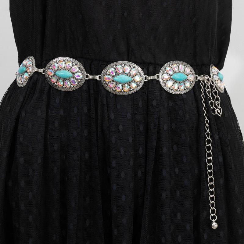 Womens Bohemian Waist Chain Belt With Turquoise Floral Inlay Minimalist Metal Adjustable 115cm Length