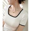 High Elastic Threaded Cotton Square Neck T-shirt Women's Short-sleeved New Retro Color Matching Tight-fitting Bottoming Shirt
