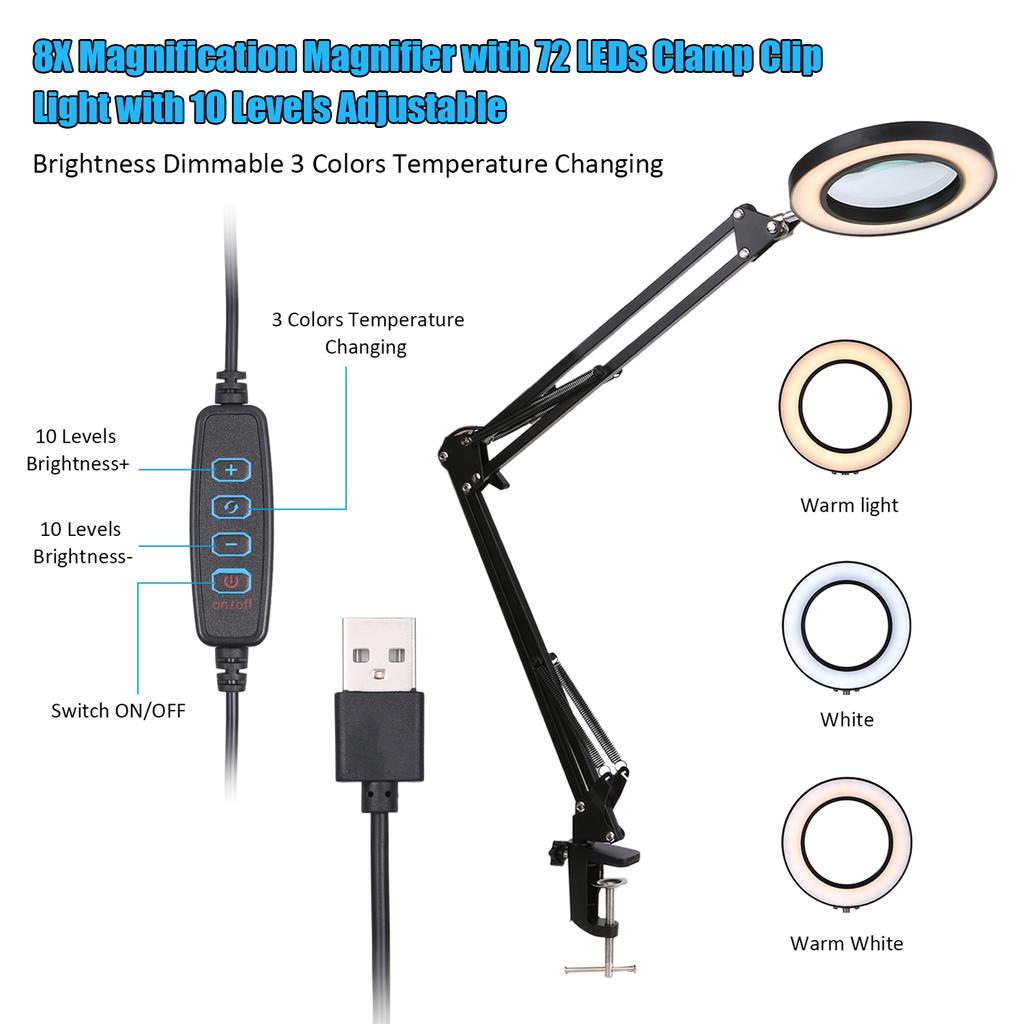 Magnifying Glass Magnifier with LEDs Clamp Clip Light 8X Magnification 10 Levels Adjustable