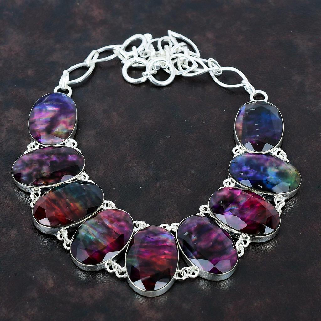 Faceted Ammolite Necklace 925 Sterling Silver Necklace Handmade Adjustable Chain Necklace Gemstone Jewelry Gifts For Wife Brand New Necklace