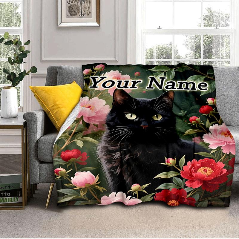 1PC Custom Name Black Cat Flowers flannel blanket versatile,all-season throw suitable for the living room,bedroom,camping,travel,and gift