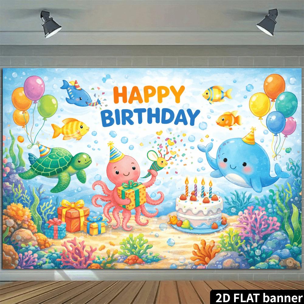 2D plane 1 piece of ocean-themed birthday banner joyful whale turtle and octopus party scene