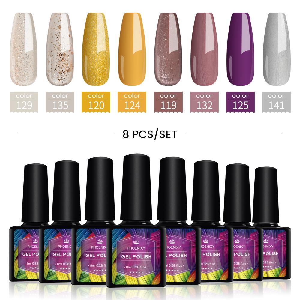 PHOENIXY 8 мл набор гель-лаков для ногтей 8 цветов УФ-гель-лак для ногтей стартовый набор Soak Off блестящий блестящий гель-лак для ногтей набор лаков для ногтей подарки маникюрный набор