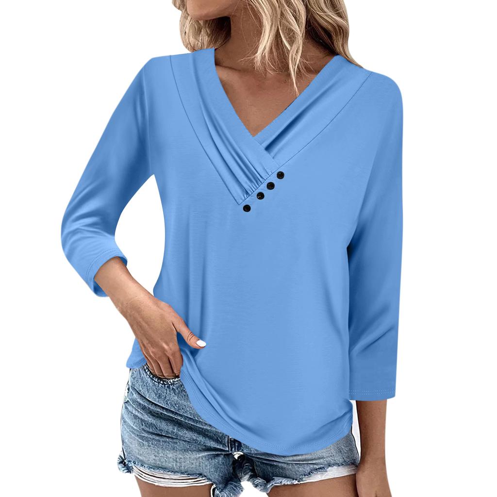 Womens 3/4 Sleeve Daily Weekend V Neck Casual Printed Tshirts Loose Fit Pleated Tees Button Down Shirts