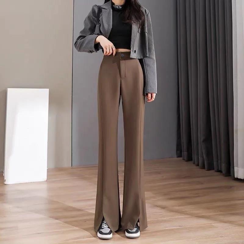 2026 Women's High-Waisted Flowing Black Micro-Flare Wide-Leg Trousers with Slit