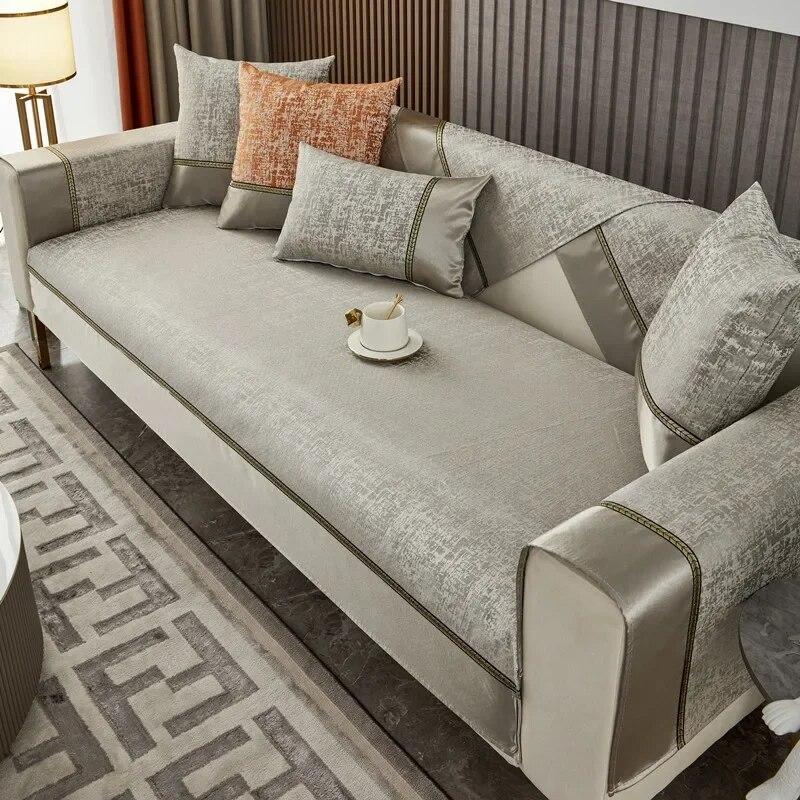 Luxury Platinum Jacquard Sofa Cover Gray Wide Edge Seat Cushion Living Room Modern Non-slip Universal Armrest Towel Cover Cloth
