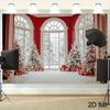 Элегантный 2D фон для Рождественского окна, Красная стена с арочными окнами, заснеженными деревьями и подарками, Ткань для фона