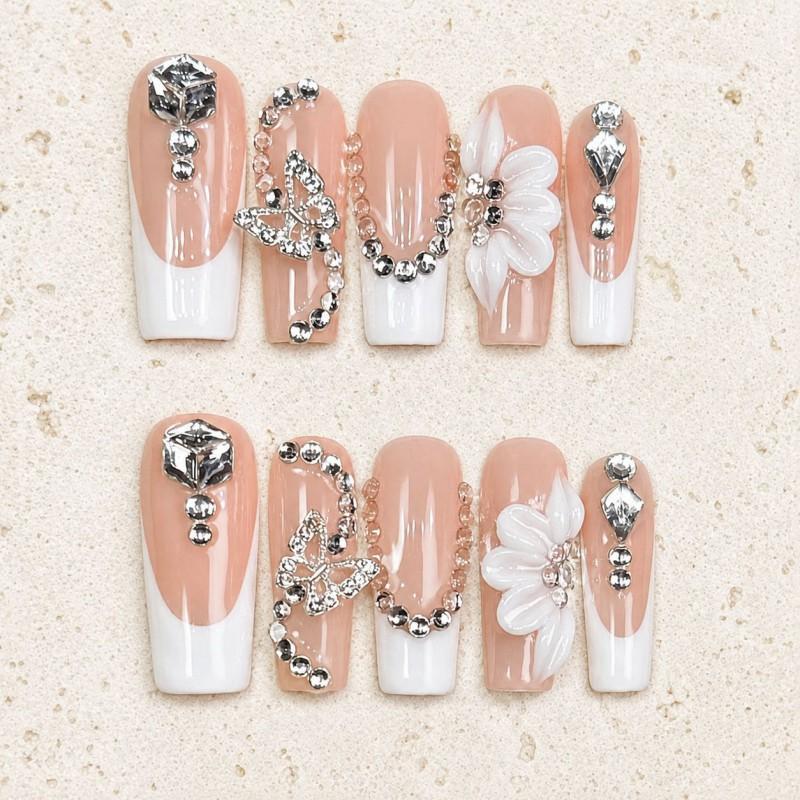 10pcs Handmade Press-On Nails French Style 3D Floral Butterfly Rhinestone Nail Tips Women Short Wearable Manicure