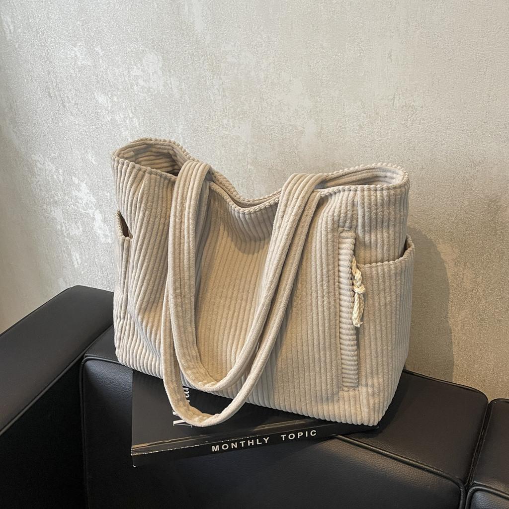 Simple Solid Color Large Capacity Women Corduroy Shoulder Tote Bag For Everyday Wear