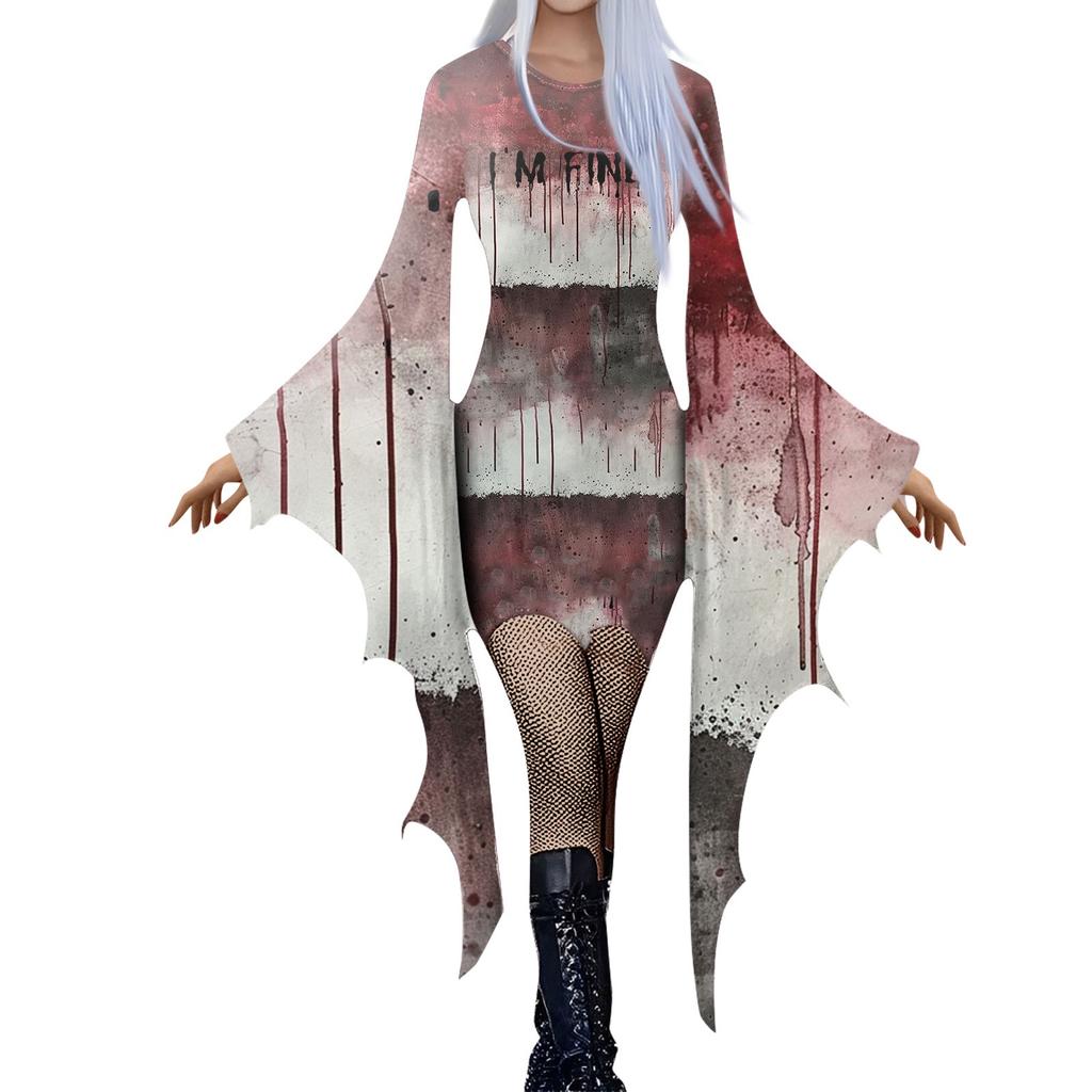 Women Fashion Gothic Punk Bat-Sleeve 3D Cute Halloween Print Irregular Party Dress