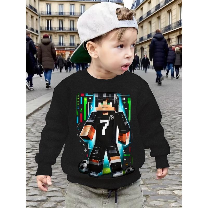 Boys' No. 7 Block Robot Crew Neck Sweatshirt for -8, Autumn/Winter Children's Fashionable and Versatile O-Neck