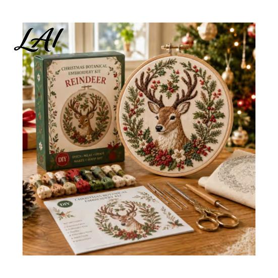 Holiday Theme Embroidery Projects Christmas Kit for Beginners Pre-Printed Pattern Full Set Starter of Tools DIY Needlework Festive Wall Art Ornament